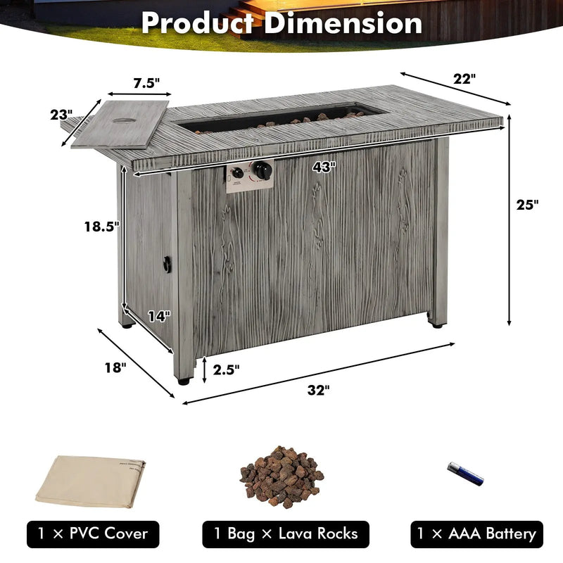 43 Inch 50 000 BTU Propane Fire Pit Table with Removable Lid-Gray by DirectDeals