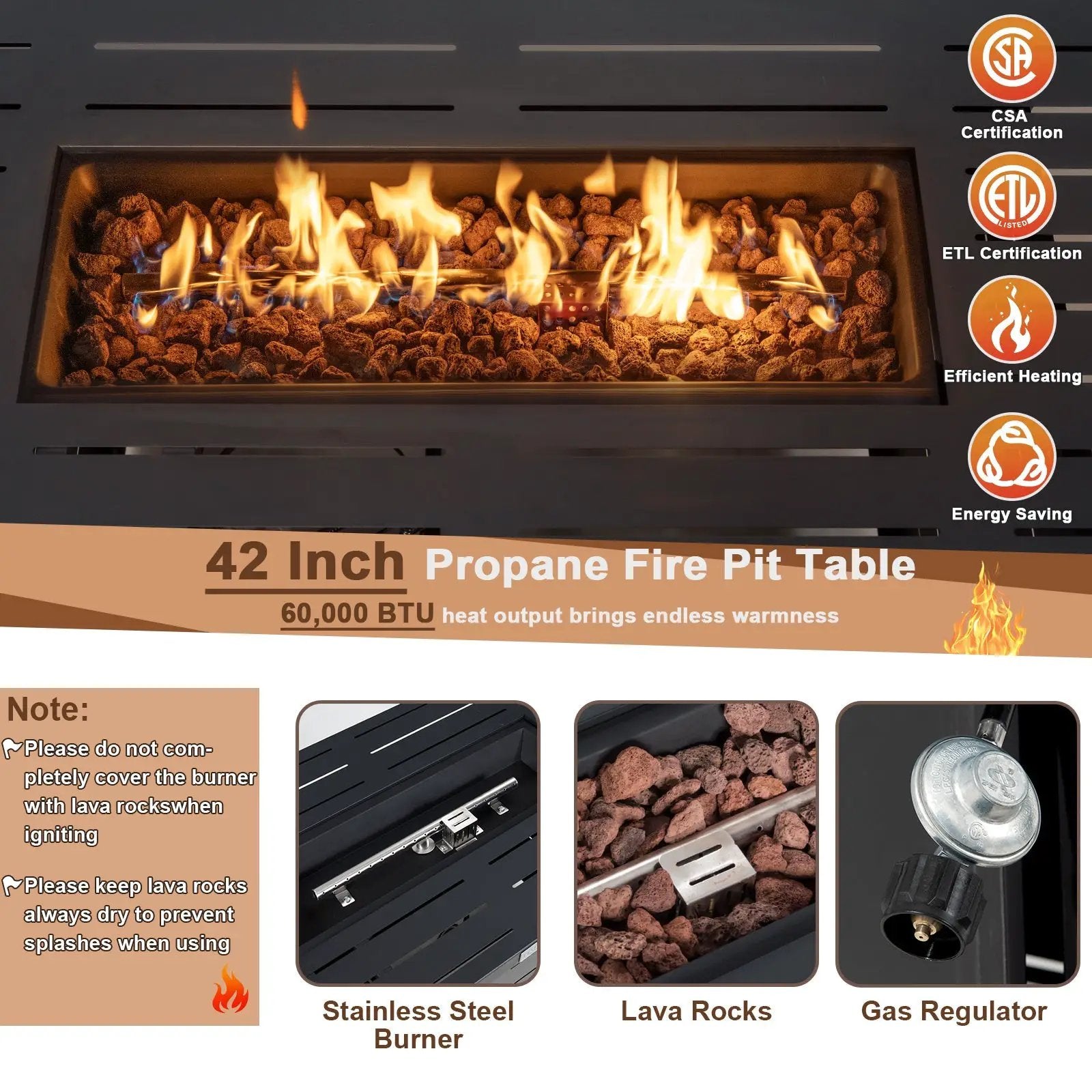 42 Inch 60 000 BTU Rectangular Propane Fire Pit Table with Waterproof Cover by DirectDeals