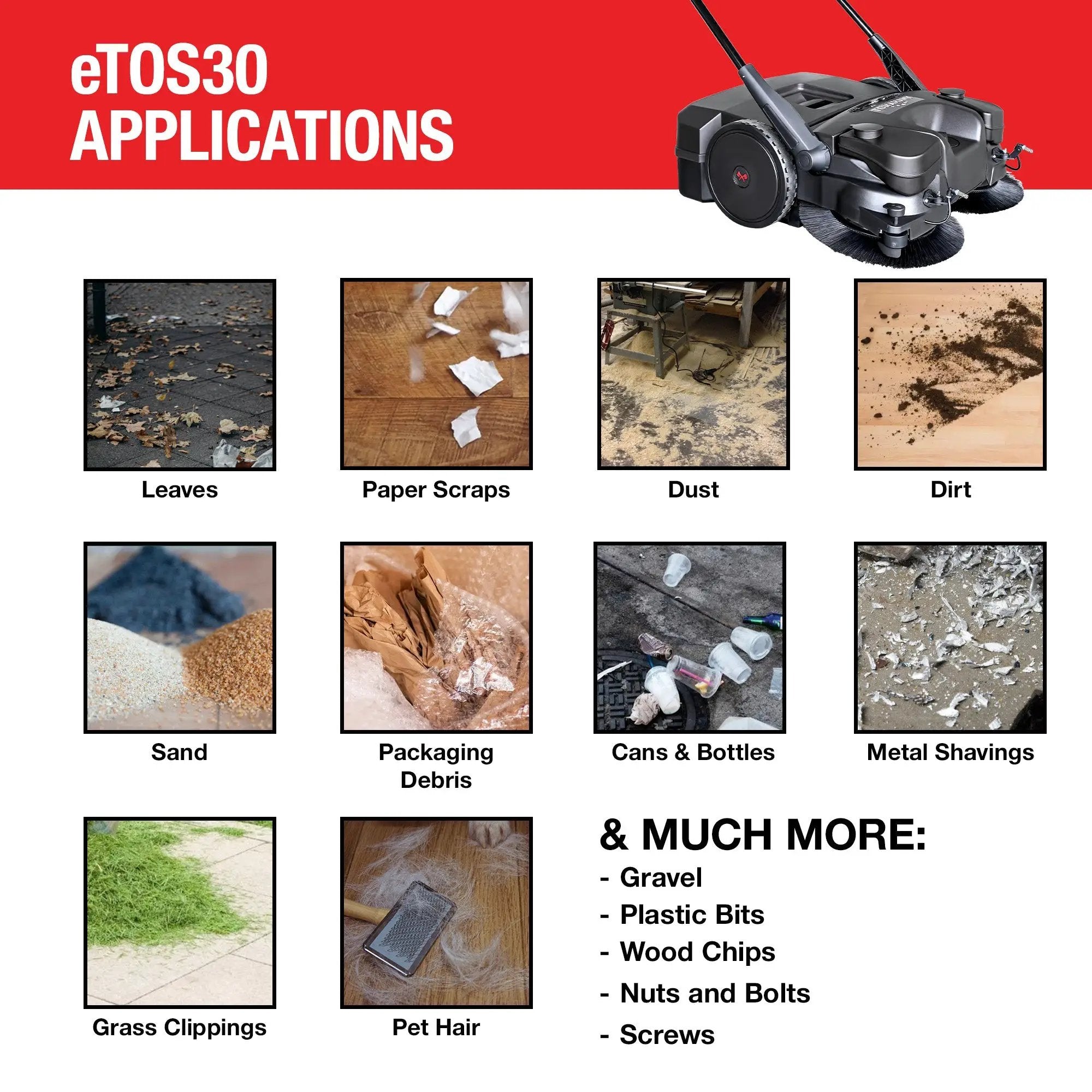 30" Battery Powered Push Sweeper with Triple Power Brooms Electric Drive and Dust Suppression Sprayer by Tomahawk Power