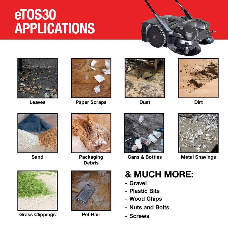 30" Battery Powered Push Sweeper with Triple Power Brooms Electric Drive and Dust Suppression Sprayer by Tomahawk Power