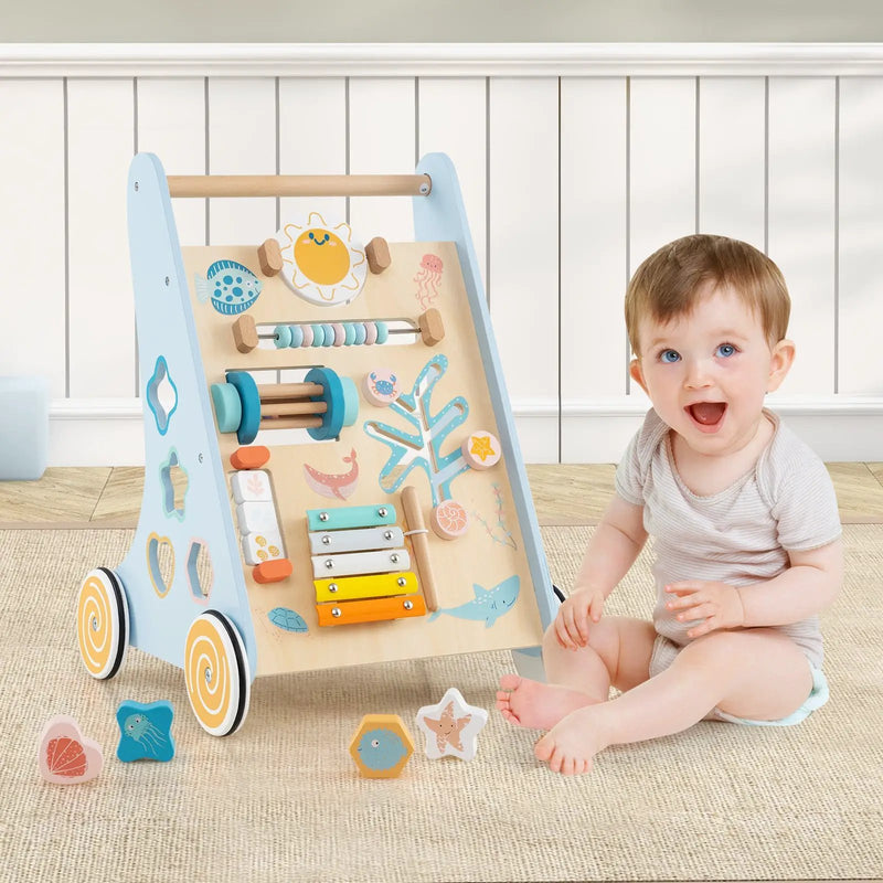 Wooden Baby Walker Push and Pull Learning Activity Center with Wheels-Blue by DirectDeals