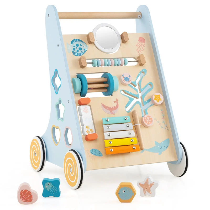 Wooden Baby Walker Push and Pull Learning Activity Center with Wheels-Blue by DirectDeals