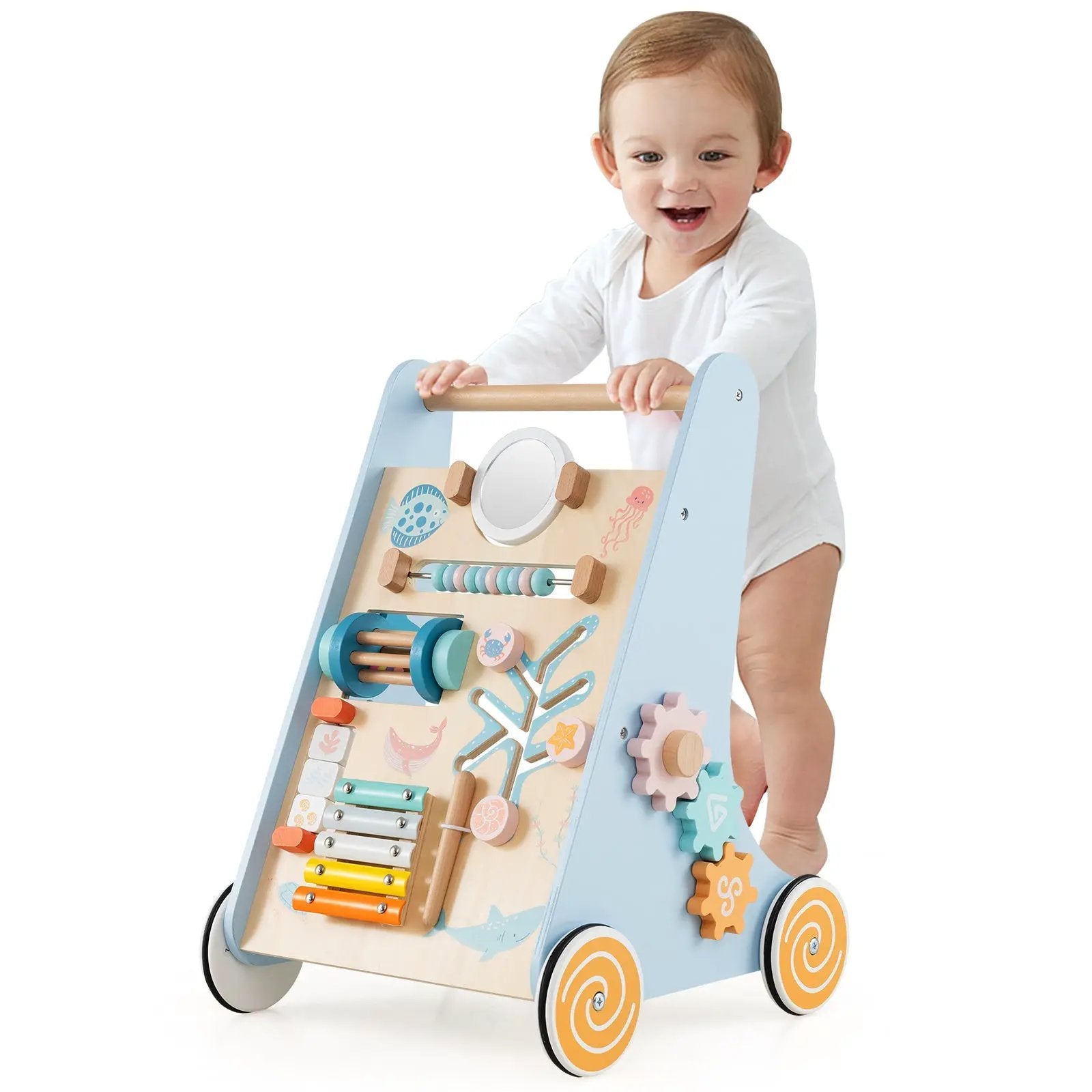Wooden Baby Walker Push and Pull Learning Activity Center with Wheels-Blue by DirectDeals
