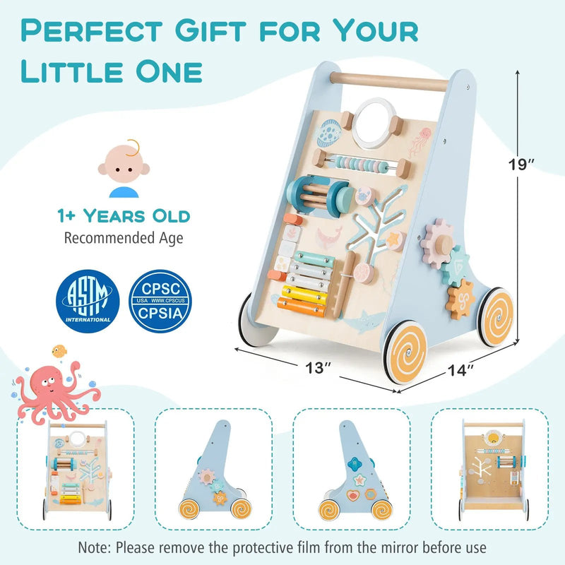 Wooden Baby Walker Push and Pull Learning Activity Center with Wheels-Blue by DirectDeals