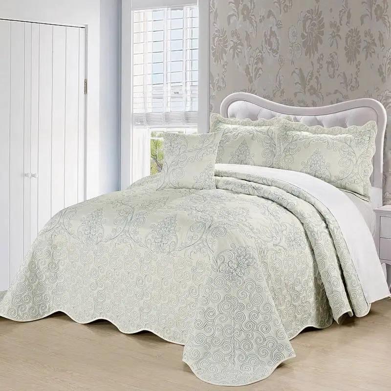 Queen size Antique White Damask Embroidered 4 Piece Oversized Bedspread Set by HomePacific