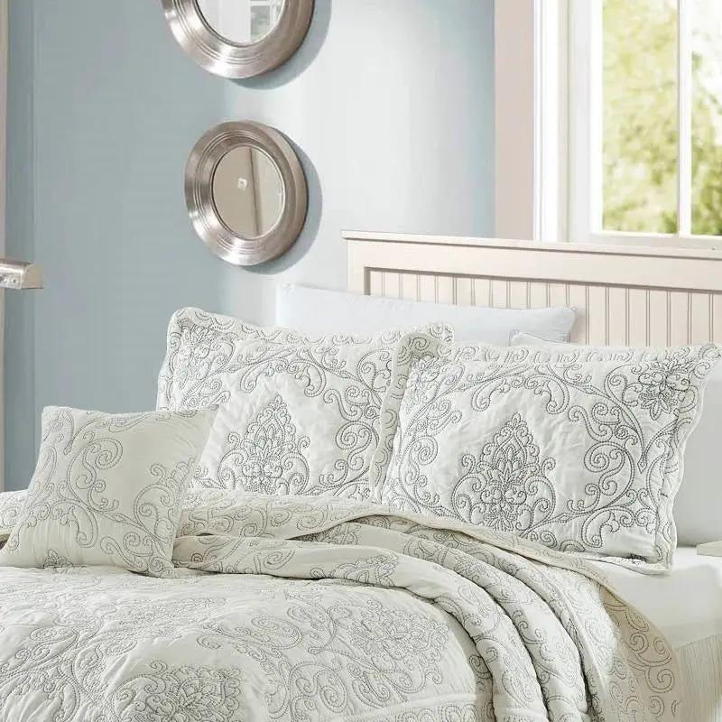 Queen size Antique White Damask Embroidered 4 Piece Oversized Bedspread Set by HomePacific