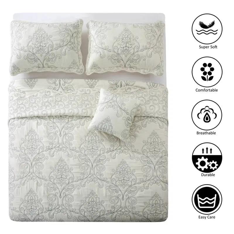 Queen size Antique White Damask Embroidered 4 Piece Oversized Bedspread Set by HomePacific