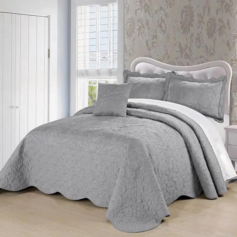 Queen size Ash Grey Damask Embroidered 4 Piece Oversized Bedspread Set by HomePacific