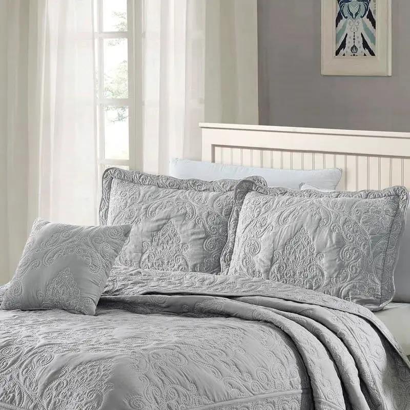 Queen size Ash Grey Damask Embroidered 4 Piece Oversized Bedspread Set by HomePacific