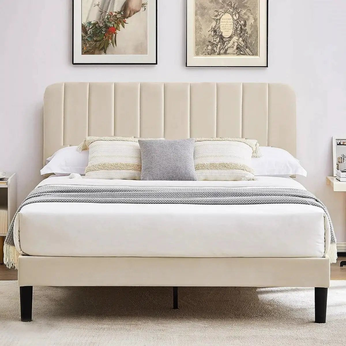 Queen size Beige Upholstered Platform Bed Frame with Headboard by HomePacific