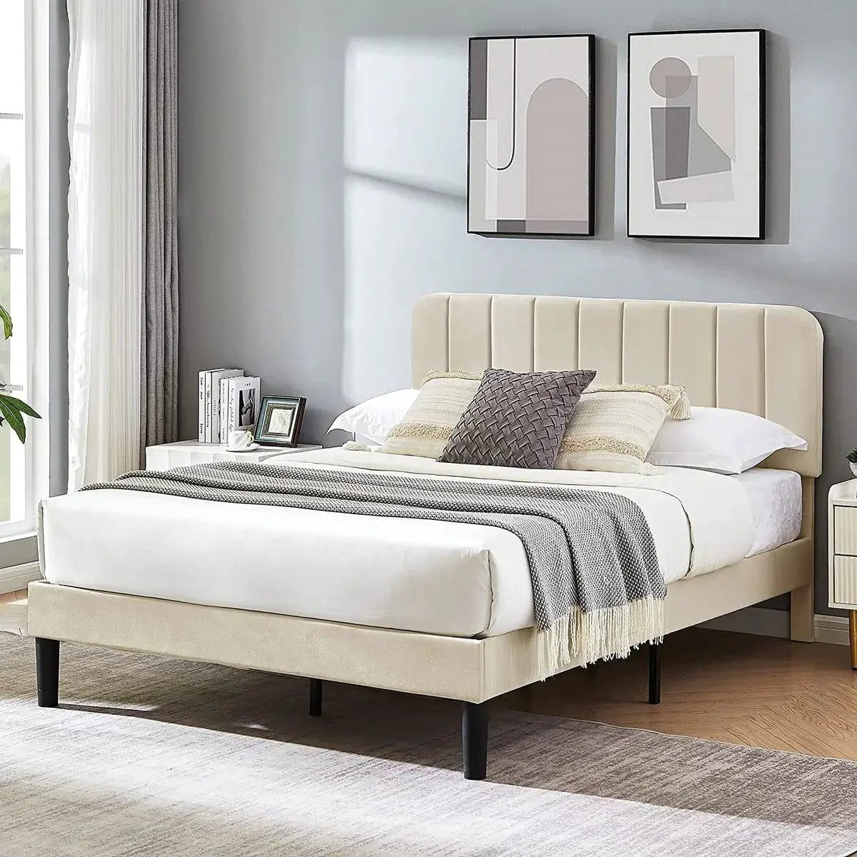 Queen size Beige Upholstered Platform Bed Frame with Headboard by HomePacific