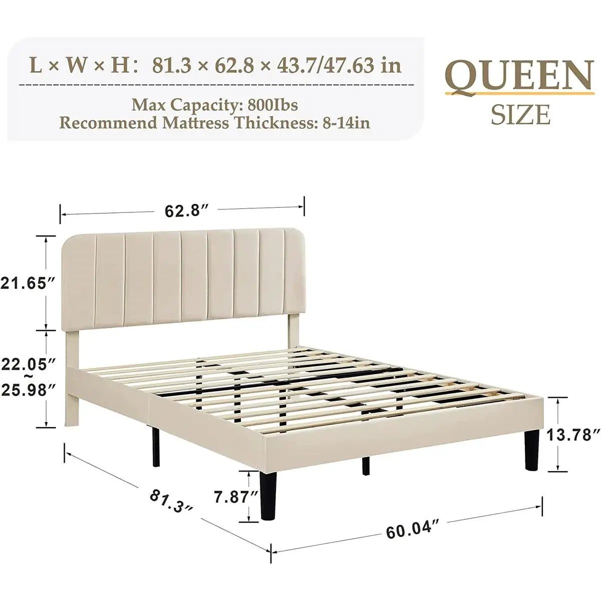 Queen size Beige Upholstered Platform Bed Frame with Headboard by HomePacific