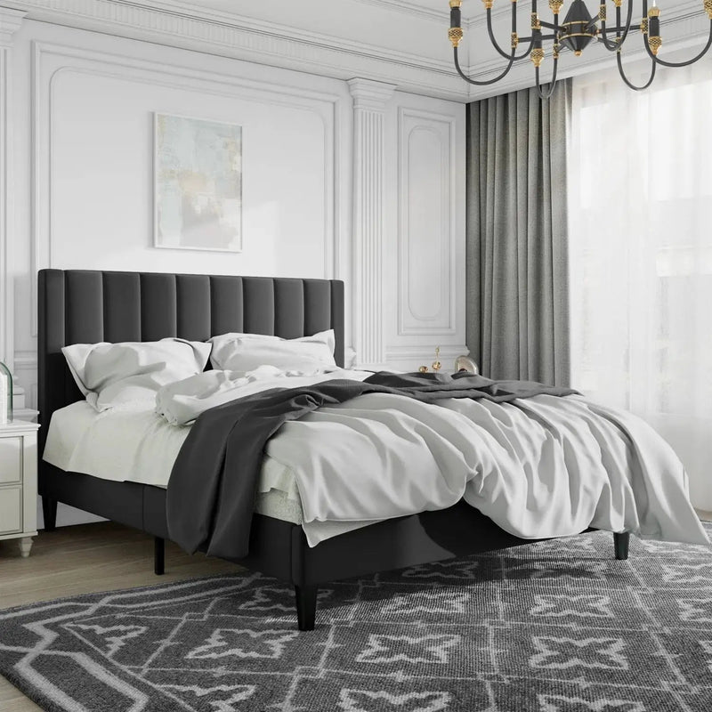 Queen size Black Velvet Upholstered Platform Bed Frame with Headboard by HomePacific