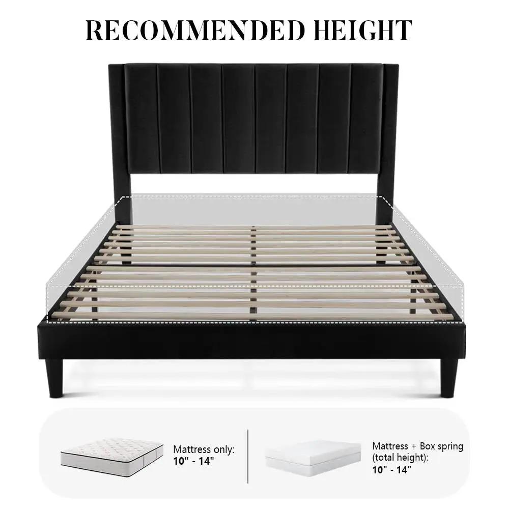 Queen size Black Velvet Upholstered Platform Bed Frame with Headboard by HomePacific