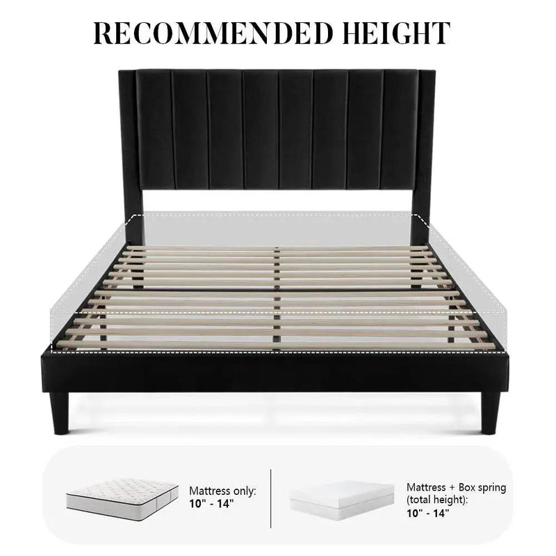 Queen size Black Velvet Upholstered Platform Bed Frame with Headboard by HomePacific