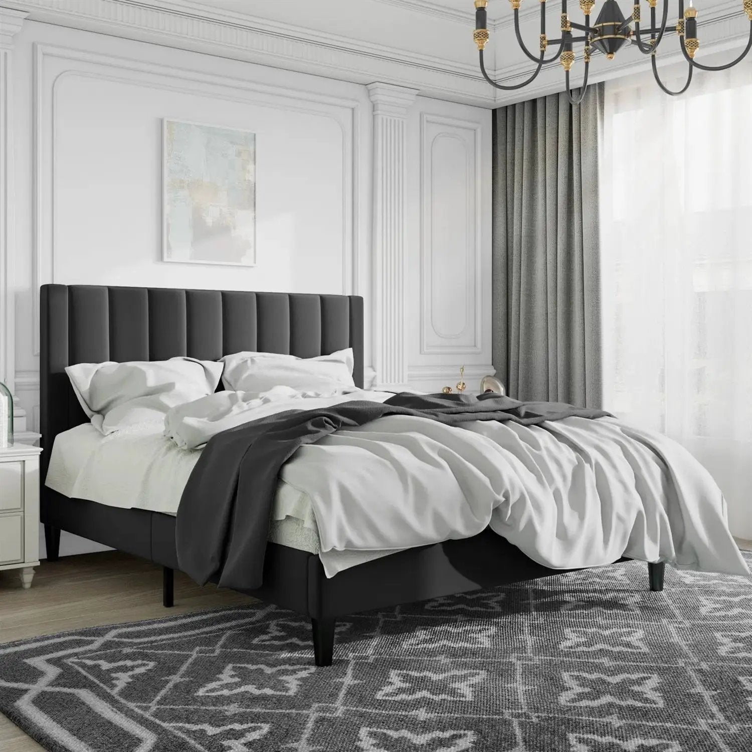 Queen size Modern Black Velvet Upholstered Platform Bed with Headboard by HomePacific