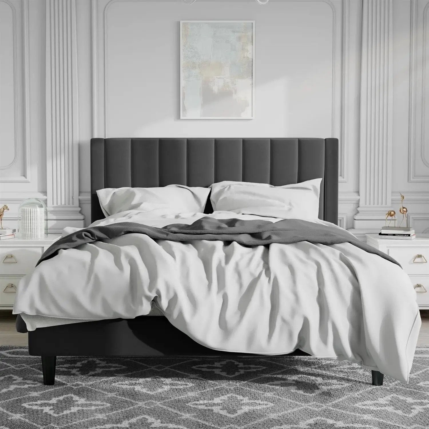 Queen size Modern Black Velvet Upholstered Platform Bed with Headboard by HomePacific