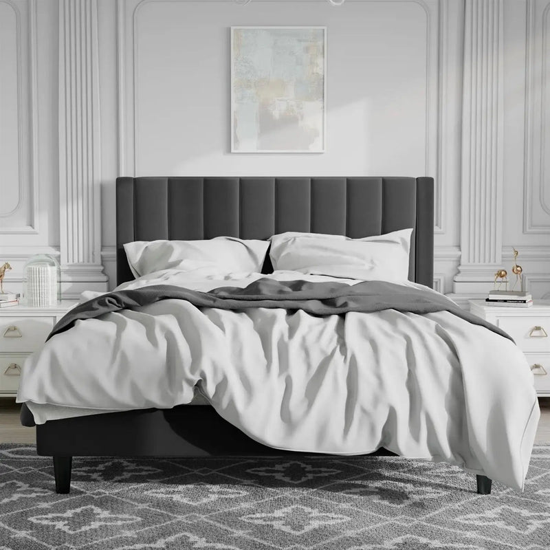 Queen size Modern Black Velvet Upholstered Platform Bed with Headboard by HomePacific
