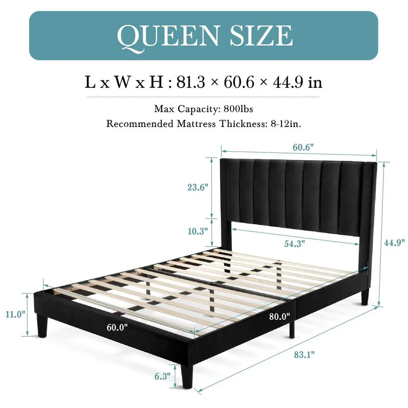 Queen size Modern Black Velvet Upholstered Platform Bed with Headboard by HomePacific