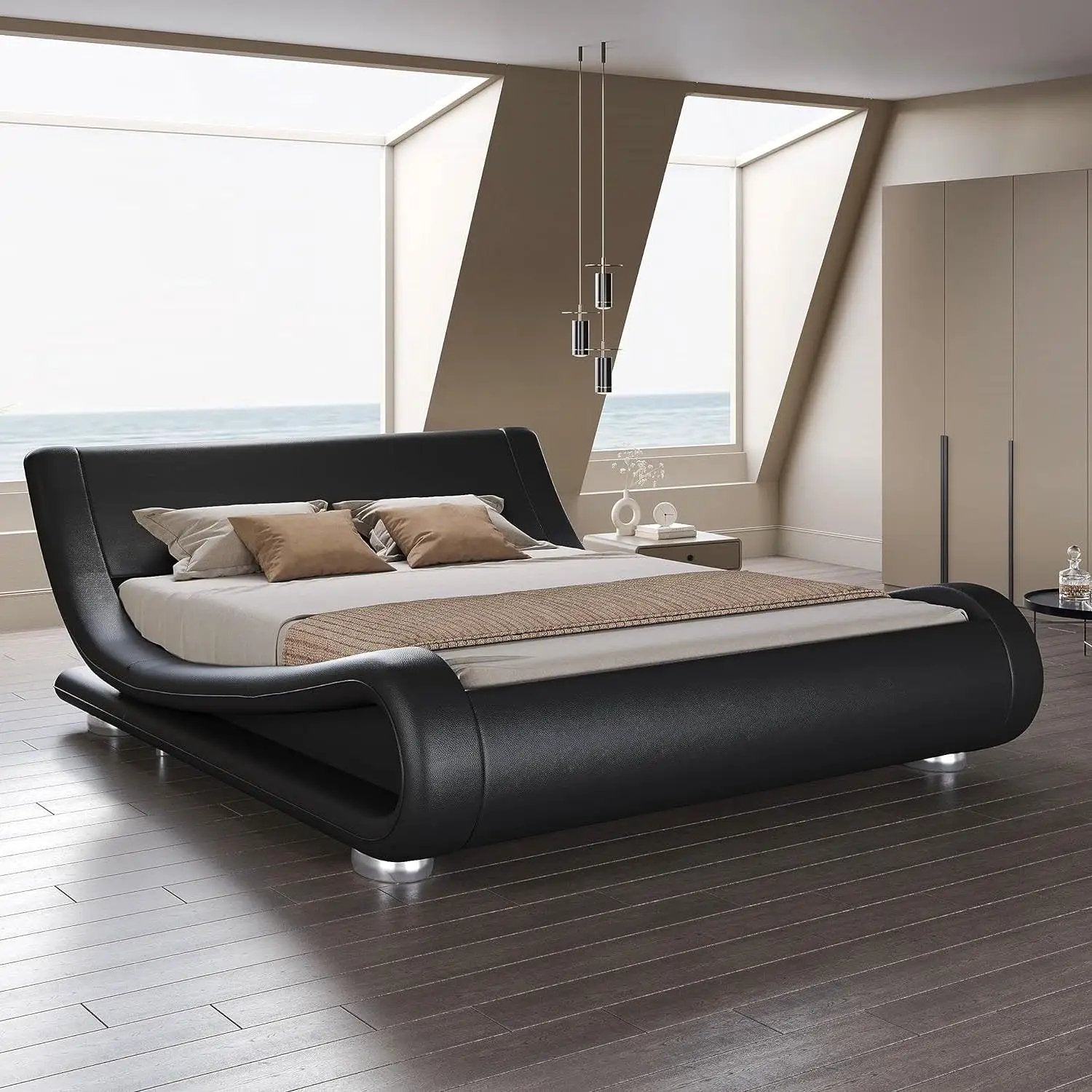 Queen Modern Black Upholstered Platform Bed Frame with Sleigh Curved Headboard by HomePacific
