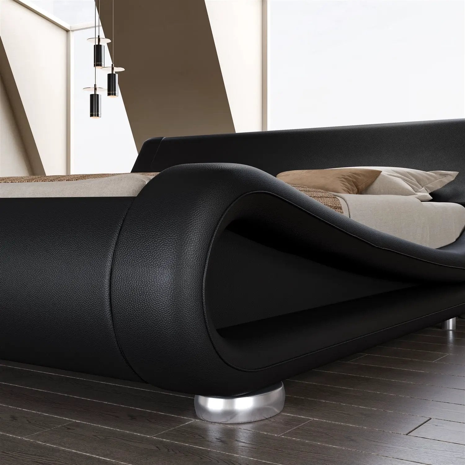 Queen Modern Black Upholstered Platform Bed Frame with Sleigh Curved Headboard by HomePacific