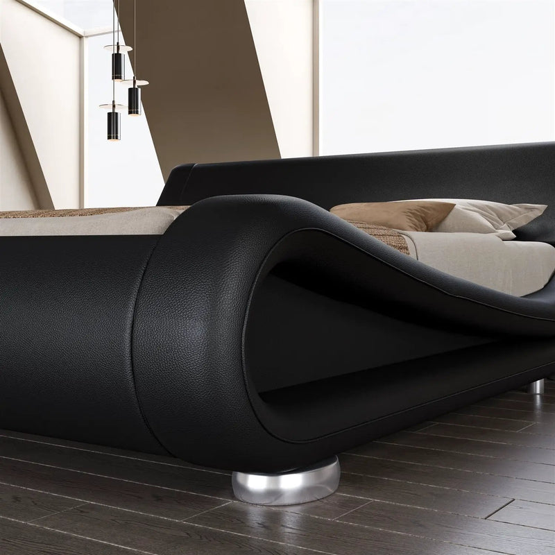 Queen Modern Black Upholstered Platform Bed Frame with Sleigh Curved Headboard by HomePacific