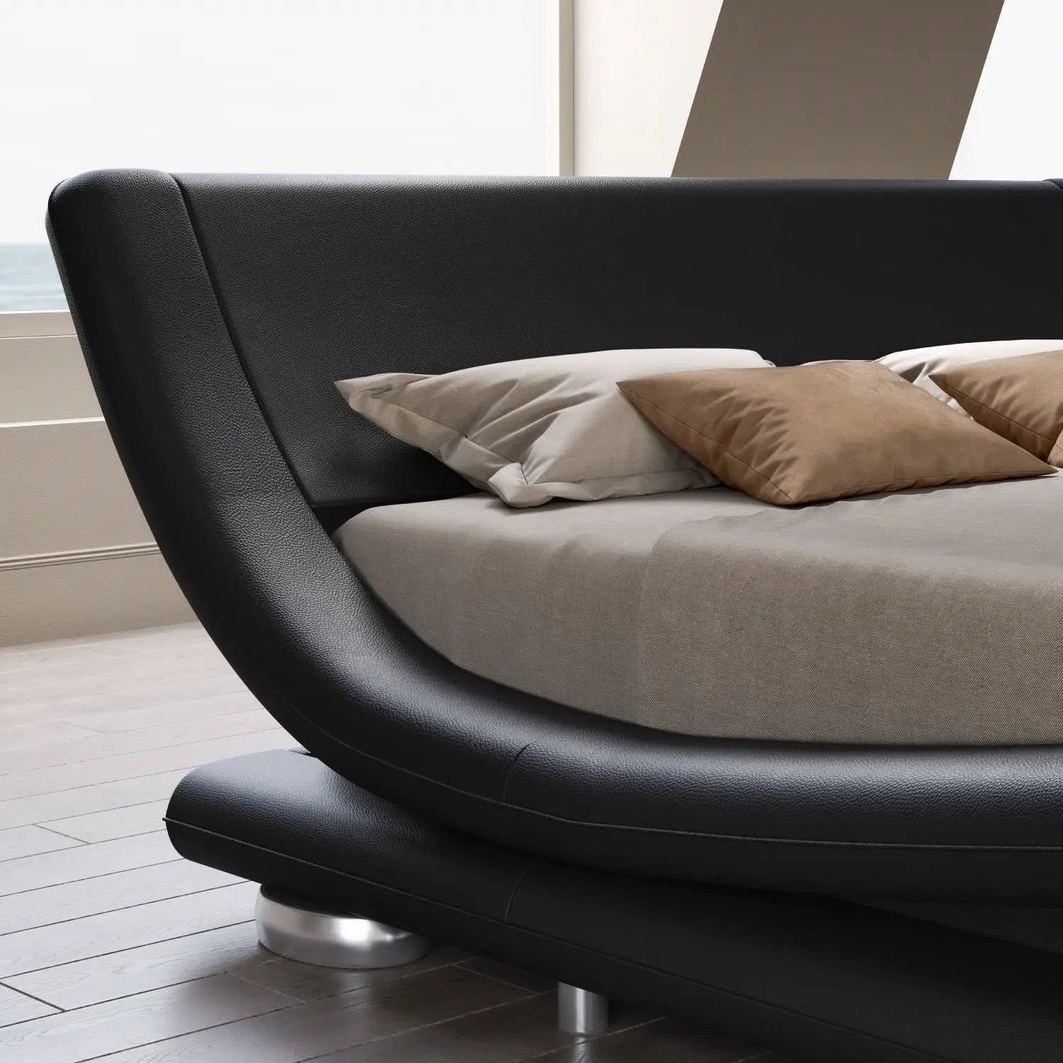 Queen Modern Black Upholstered Platform Bed Frame with Sleigh Curved Headboard by HomePacific