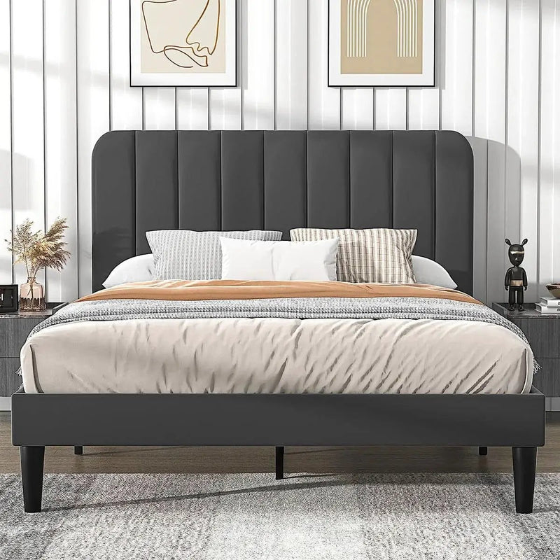 Queen size Dark Grey Upholstered Platform Bed Frame with Headboard by HomePacific