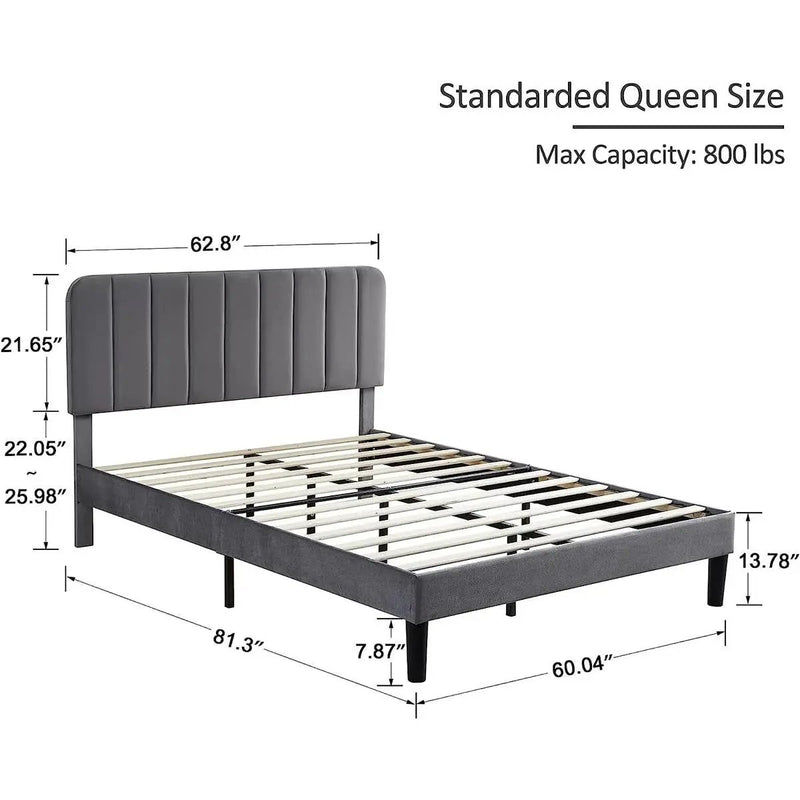 Queen size Dark Grey Upholstered Platform Bed Frame with Headboard by HomePacific