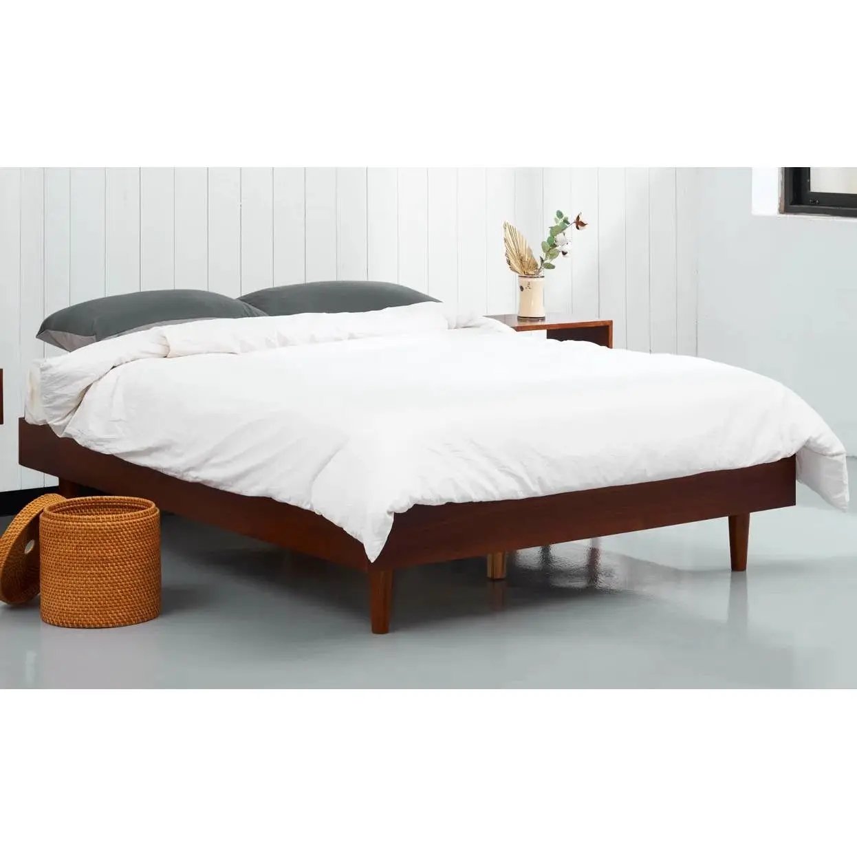 Queen size Mid-Century Modern Platform Bed Frame in Dark Brown Wood Finish by HomePacific