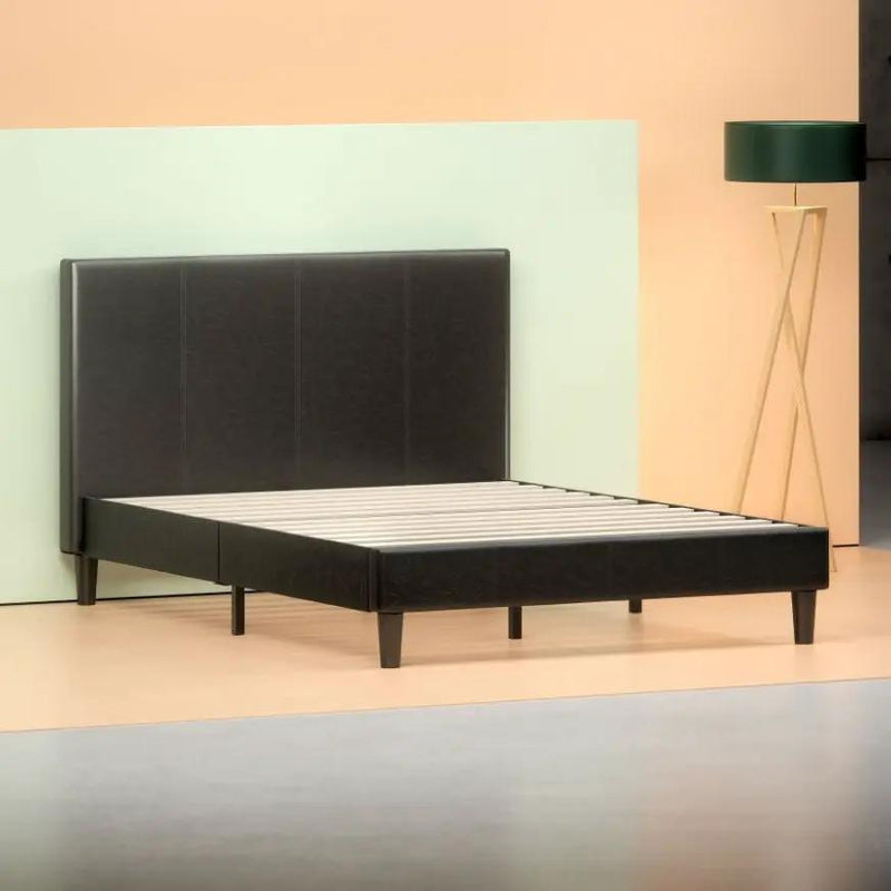Queen Espresso Faux Leather Platform Bed Frame with Headboard by HomePacific