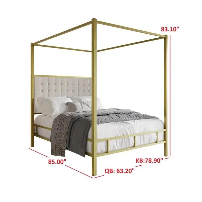 Queen size Gold Metal Canopy Bed with Upholstered Button-Tufted Headboard by HomePacific
