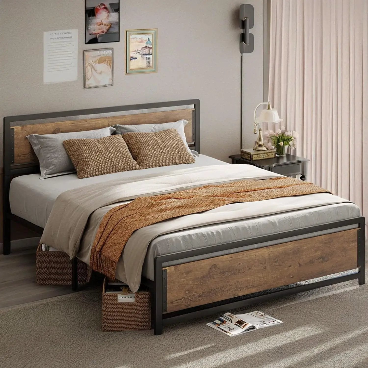 Queen Modern Metal Wood Industrial Platform Bed Frame with Headboard Footboard by HomePacific