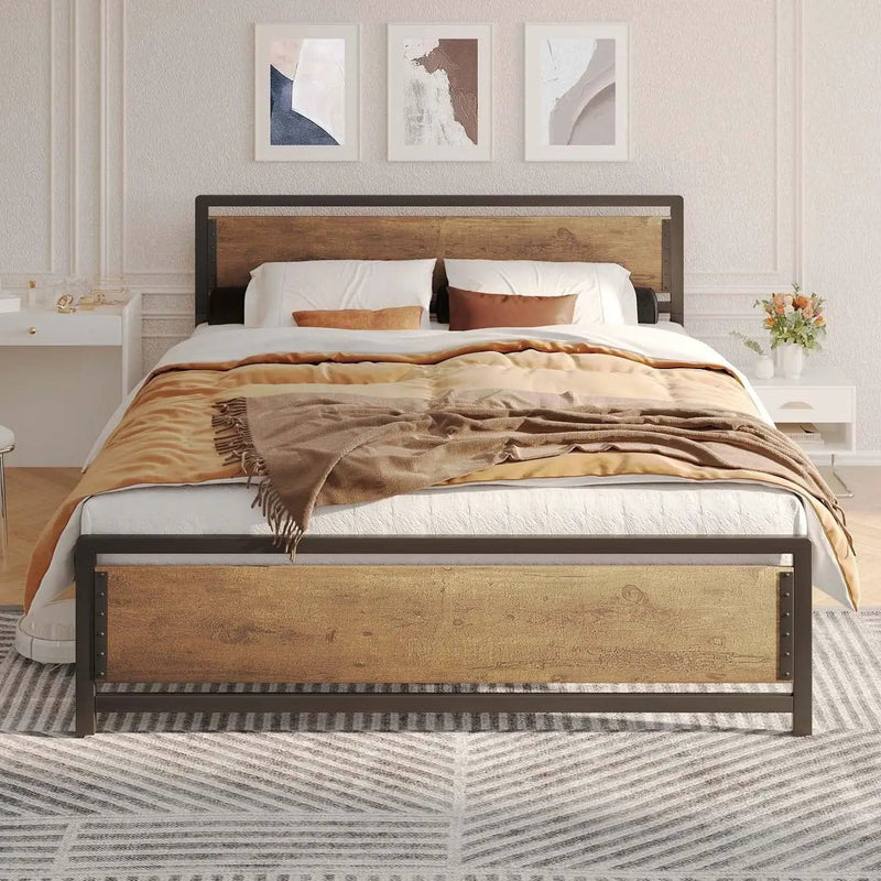 Queen Modern Metal Wood Industrial Platform Bed Frame with Headboard Footboard by HomePacific