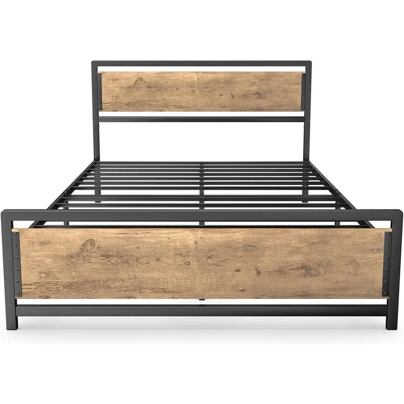 Queen Modern Metal Wood Industrial Platform Bed Frame with Headboard Footboard by HomePacific