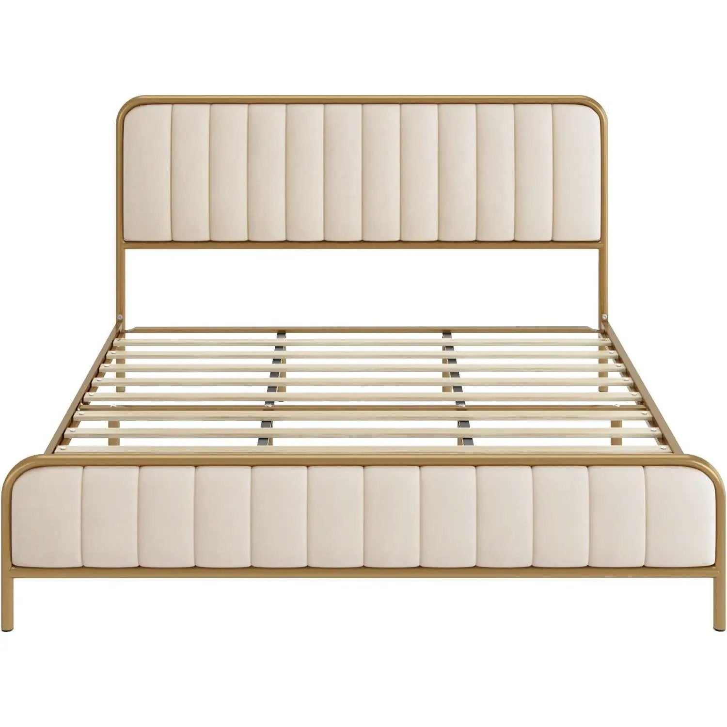 Queen size Gold Metal Platform Bed Frame with Off-White Upholstered Headboard by HomePacific