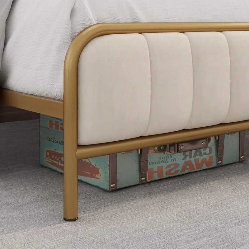 Queen size Gold Metal Platform Bed Frame with Off-White Upholstered Headboard by HomePacific