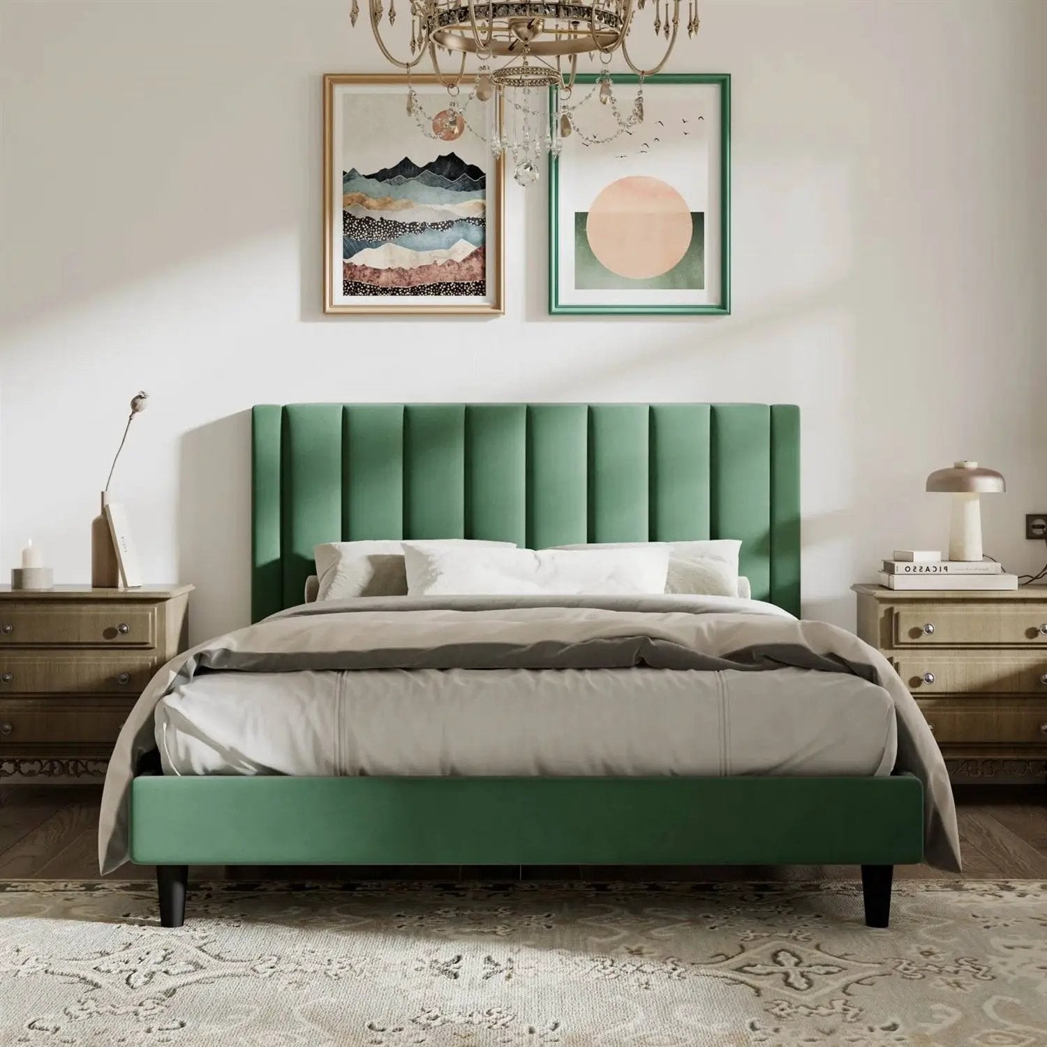 Queen size Green Velvet Upholstered Platform Bed Frame with Headboard by HomePacific