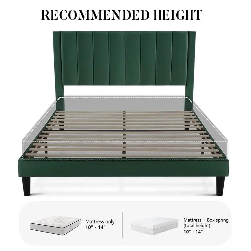 Queen size Green Velvet Upholstered Platform Bed Frame with Headboard by HomePacific
