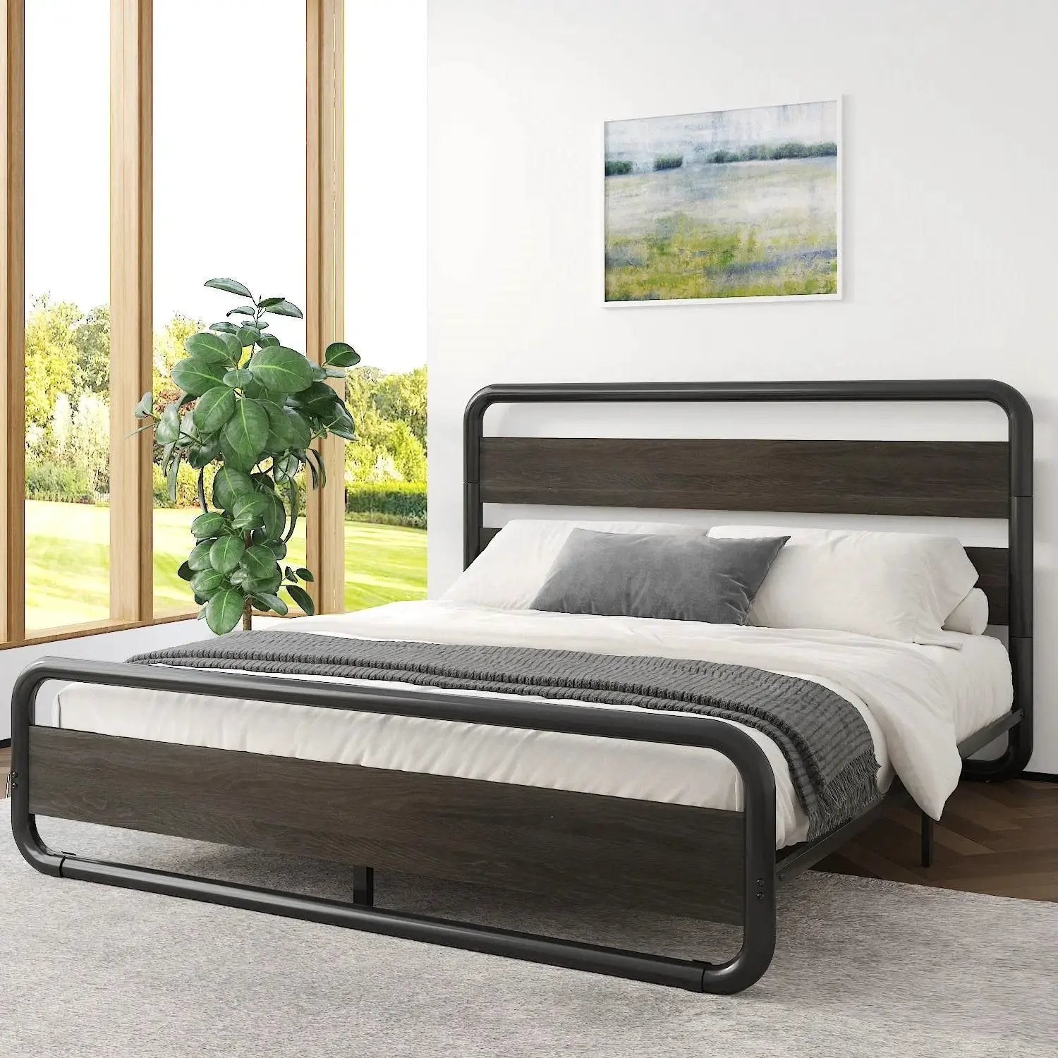 Queen Heavy Duty Round Metal Frame Platform Bed with Black Wood Panel Headboard by HomePacific