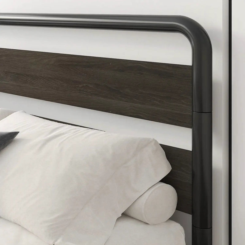 Queen Heavy Duty Round Metal Frame Platform Bed with Black Wood Panel Headboard by HomePacific