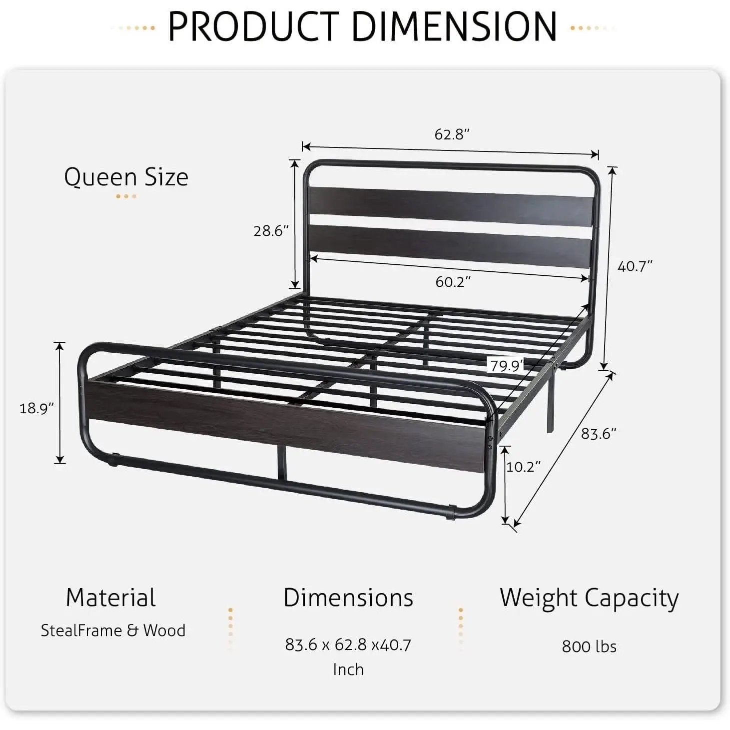 Queen Heavy Duty Round Metal Frame Platform Bed with Black Wood Panel Headboard by HomePacific