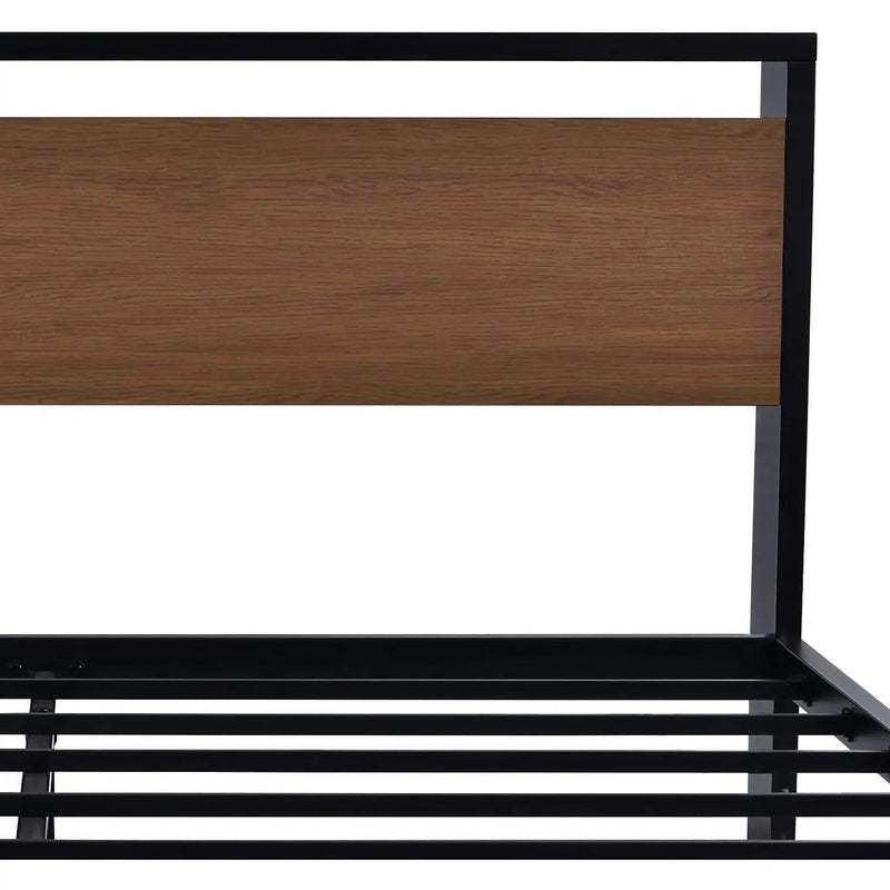 Queen Metal Platform Bed with Walnut Finish Wood Panel Headboard Footboard by HomePacific