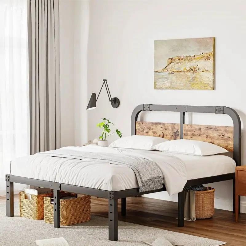 Queen Heavy Duty Black Metal Bed Frame with Solid Wood Panel Headboard by HomePacific