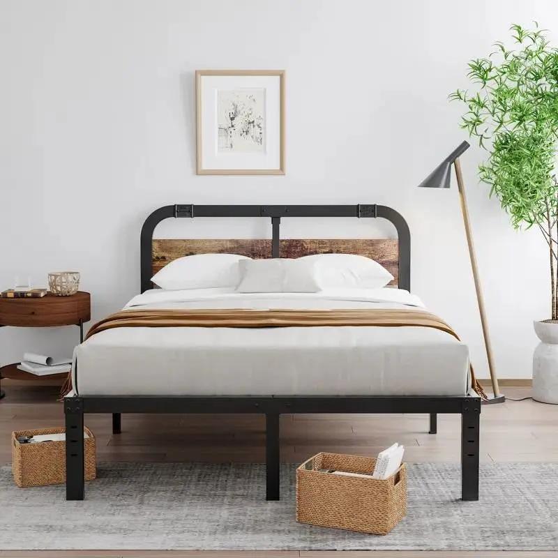 Queen Heavy Duty Black Metal Bed Frame with Solid Wood Panel Headboard by HomePacific