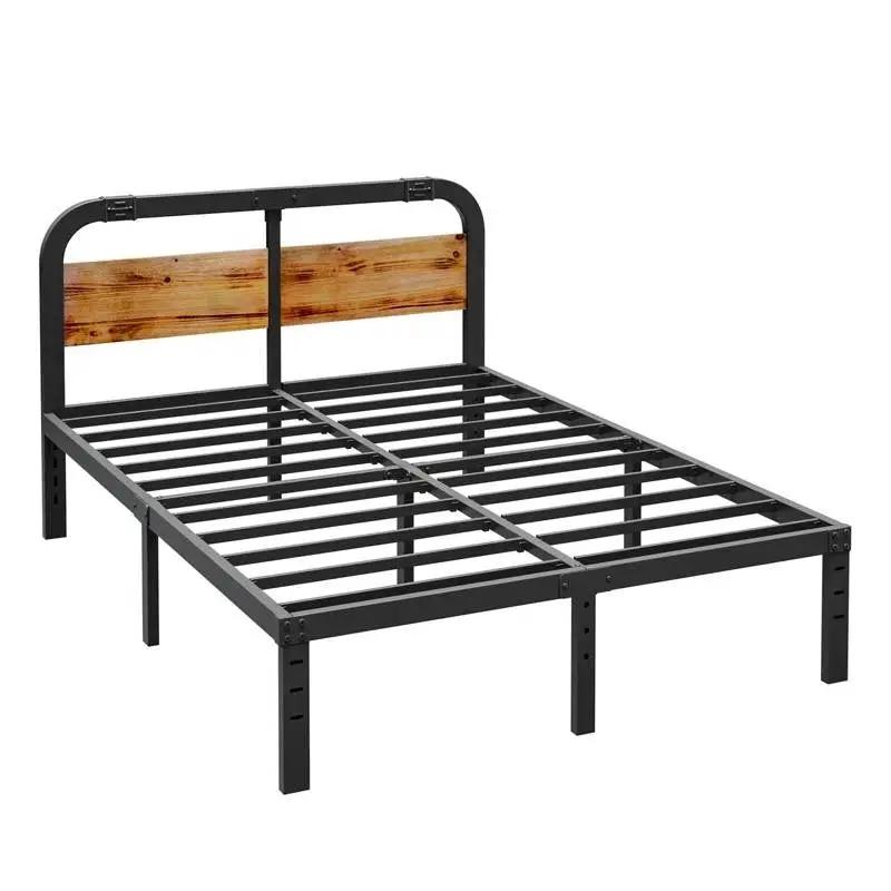 Queen Heavy Duty Black Metal Bed Frame with Solid Wood Panel Headboard by HomePacific