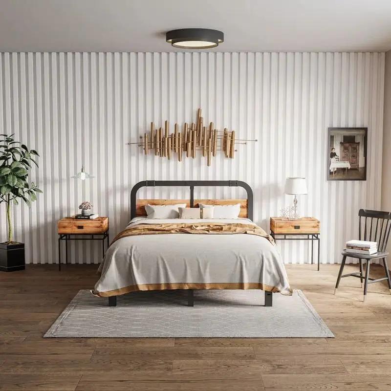 Queen Heavy Duty Black Metal Bed Frame with Solid Wood Panel Headboard by HomePacific
