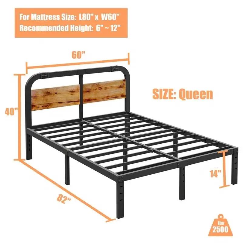Queen Heavy Duty Black Metal Bed Frame with Solid Wood Panel Headboard by HomePacific