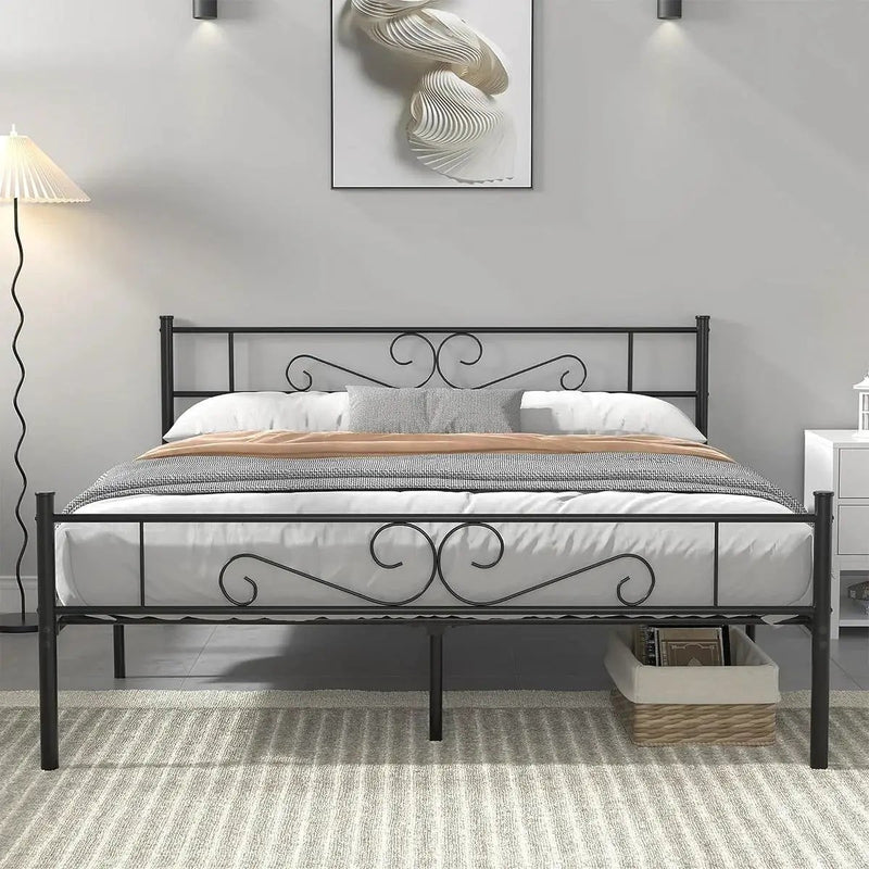 Queen Sturdy Metal Platform Bed Frame with Headboard Footboard in Black Finish by HomePacific
