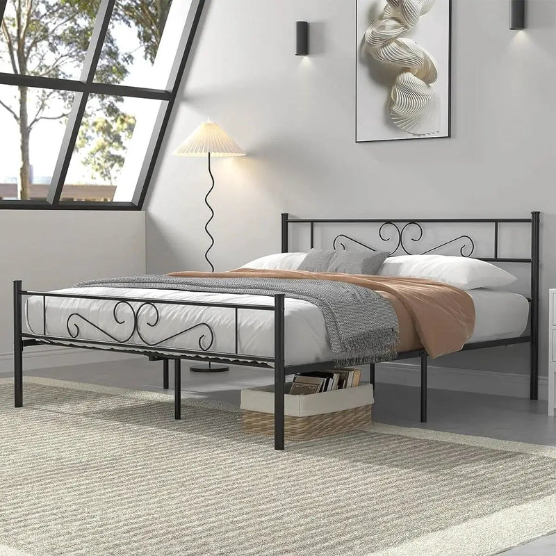 Queen Sturdy Metal Platform Bed Frame with Headboard Footboard in Black Finish by HomePacific